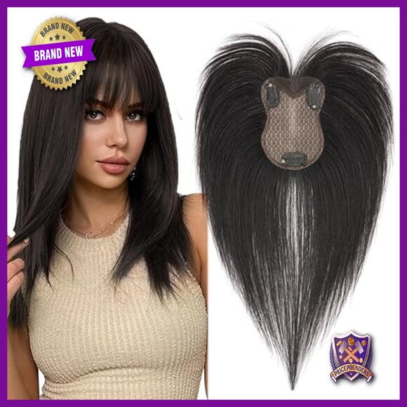 Real Human Hair Topper with Bangs, Hand-Tied Lace Base, 11 Inch Length main image 4